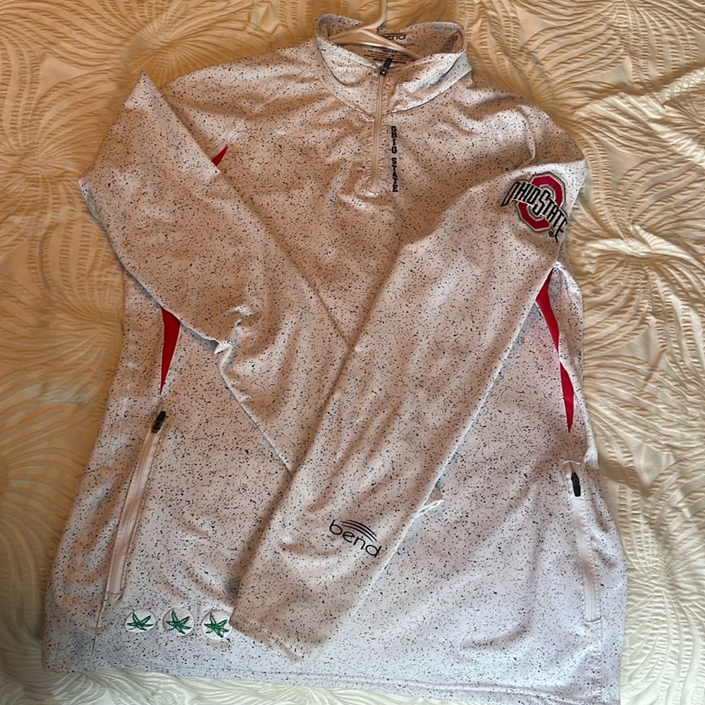 Large white with black spots, red side details 1/4 zip with embroidered OSU logo